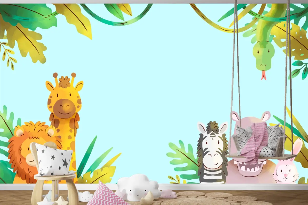 Suluboya Yaban Hayatı Arka Plan Çocuk Odası Duvar Kağıdı 