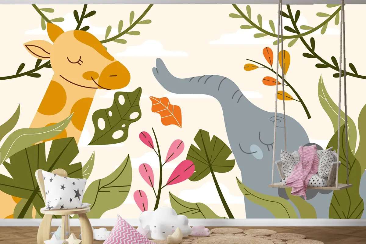 Elle Çizilmiş Yaban Hayatı Arka Plan Çocuk Odası Duvar Kağıdı 
