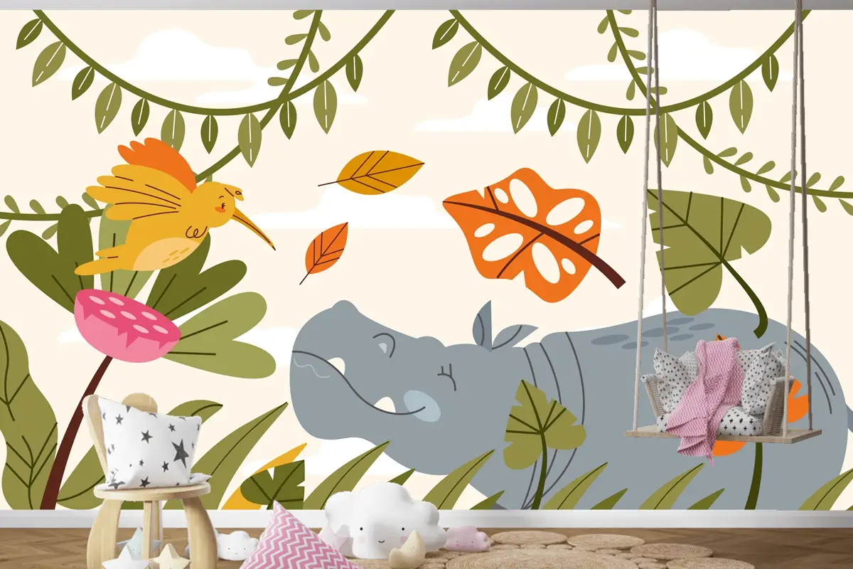 Elle Çizilmiş Yaban Hayatı Arka Plan Çocuk Odası Duvar Kağıdı 