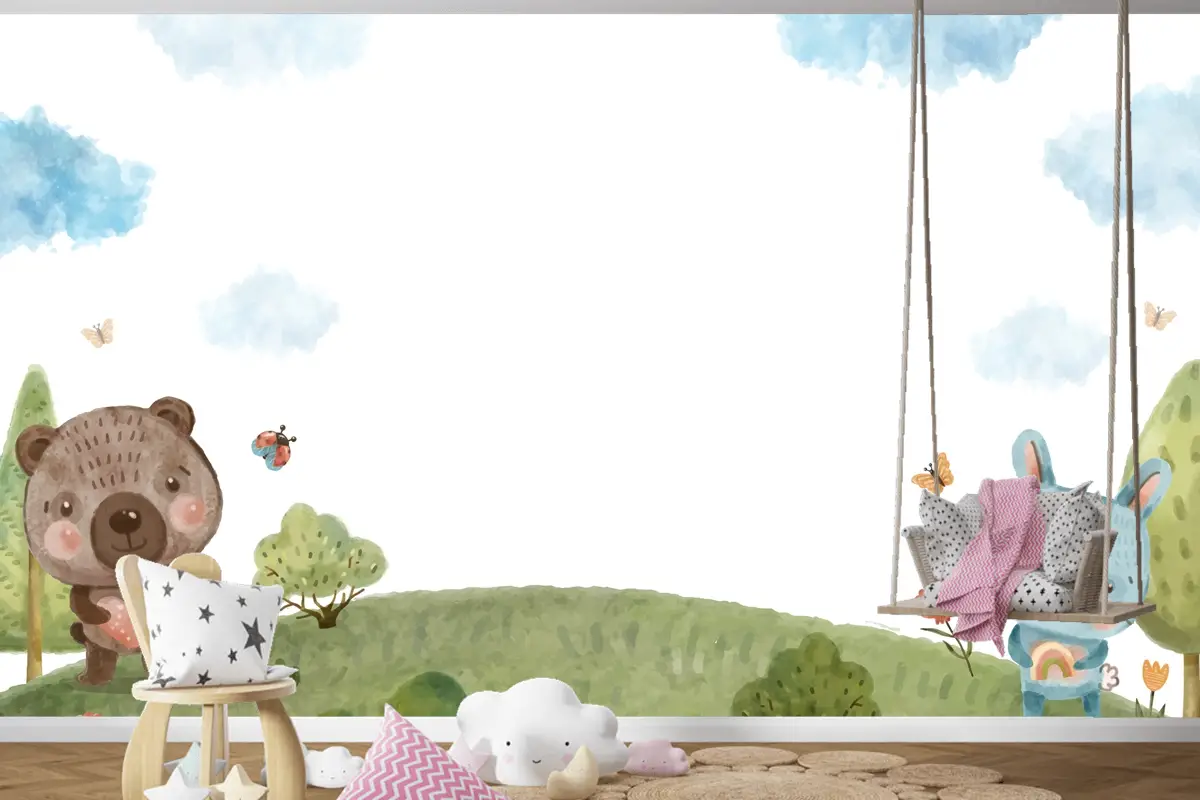 Suluboya Yaban Hayatı Arka Plan Çocuk Odası Duvar Kağıdı 
