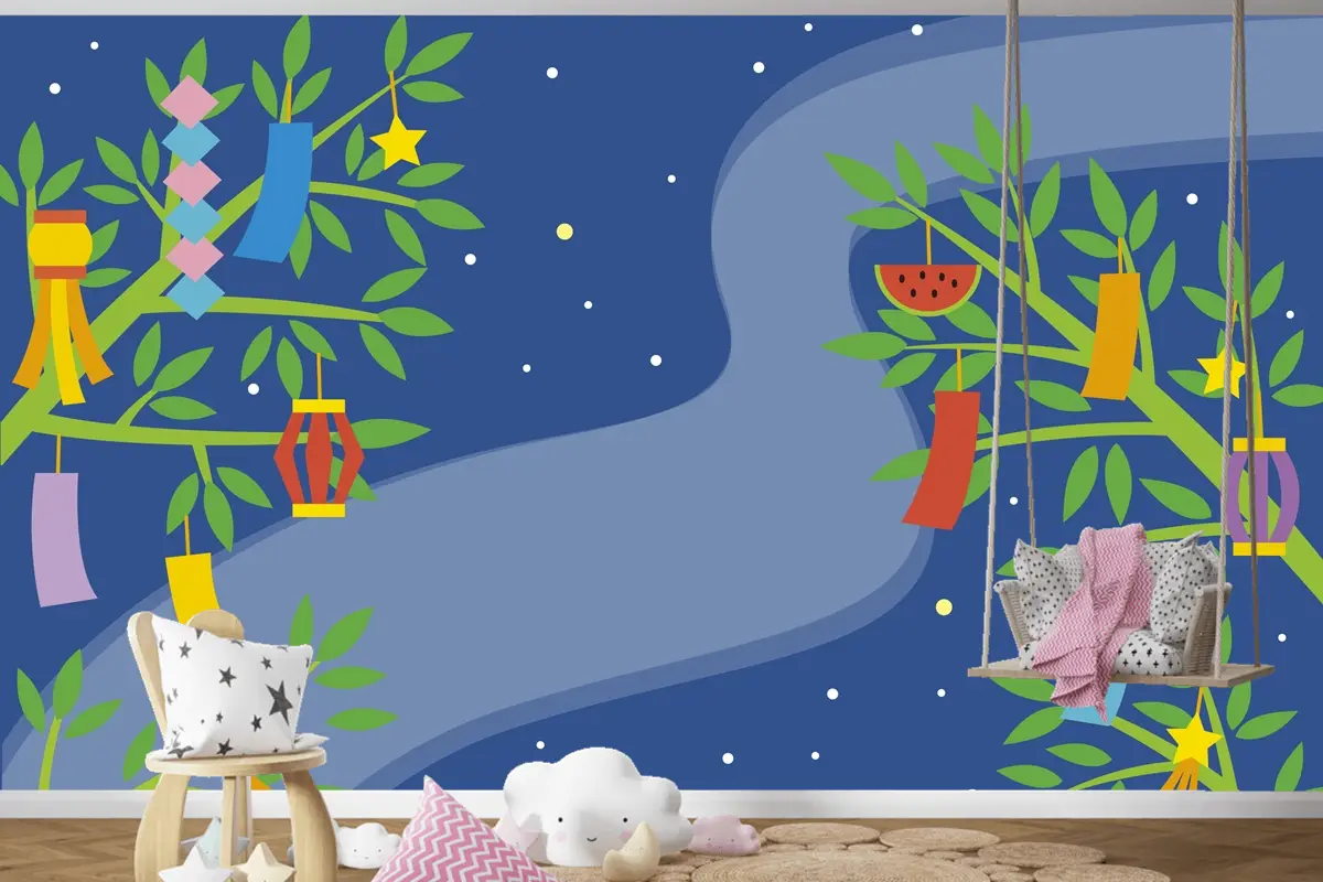 Dallarda Süslemeli Düz Tanabata Arkaplan Çocuk Odası Duvar Kağıdı