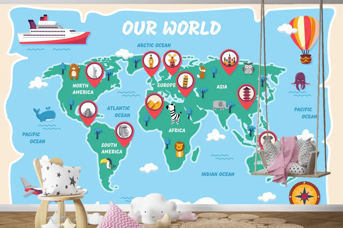 Elle Çizilmiş Çocuk Haritası Çocuk Odası Duvar Kağıdı