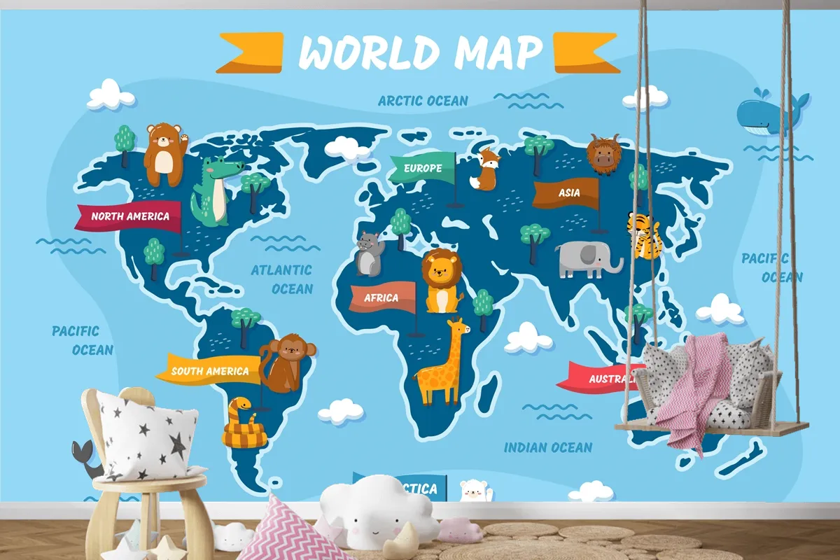 Elle Çizilmiş Çocuk Haritası Çocuk Odası Duvar Kağıdı