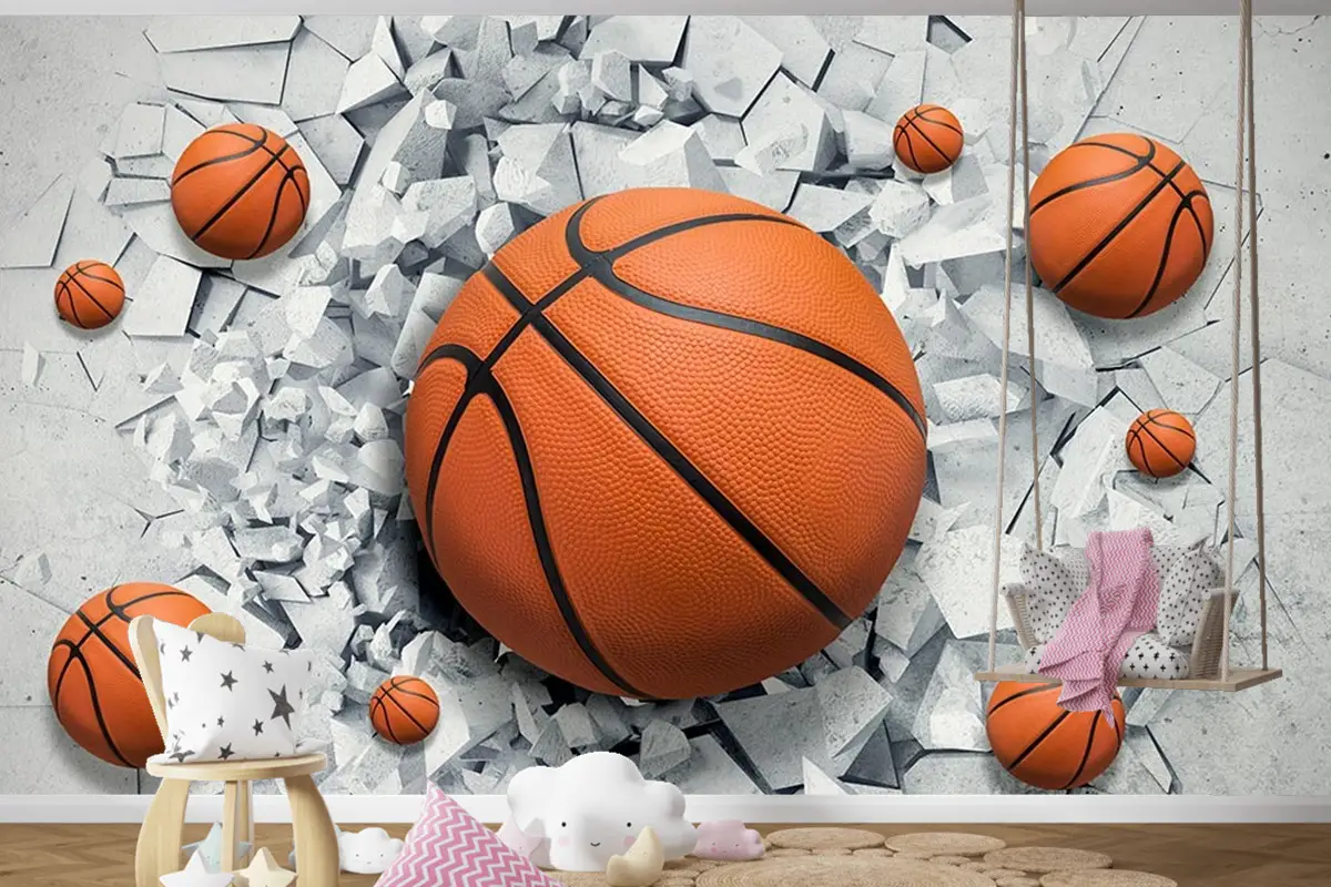 3 Boyutlu Çatlak Duvar Içinde Basketbol Topu Çocuk Odası Duvar Kağıdı