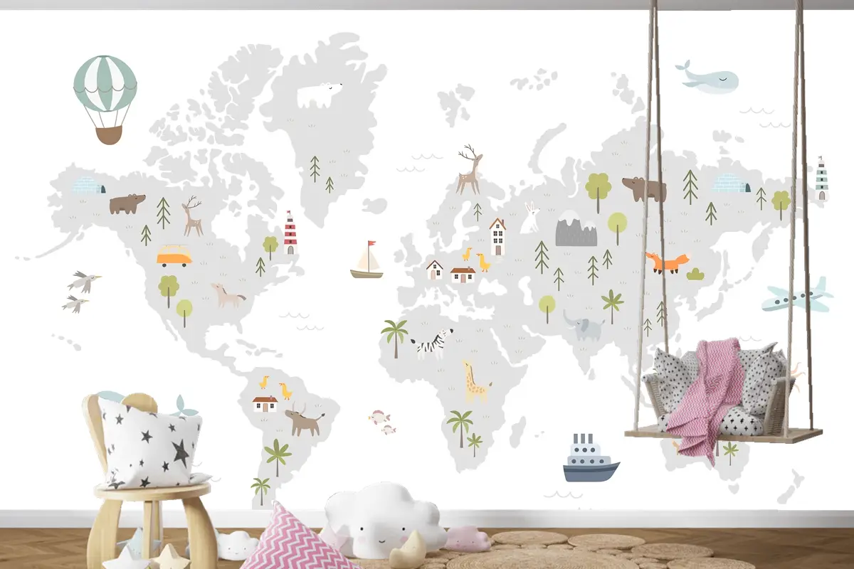 Hayvan Evleri Doğa Elemanları Çocuk Odası Duvar Kağıdı Ile Dünya Haritası