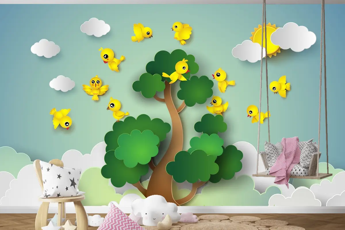 Ağacın Etrafında Uçan Kuş Çocuk Odası Duvar Kağıdı