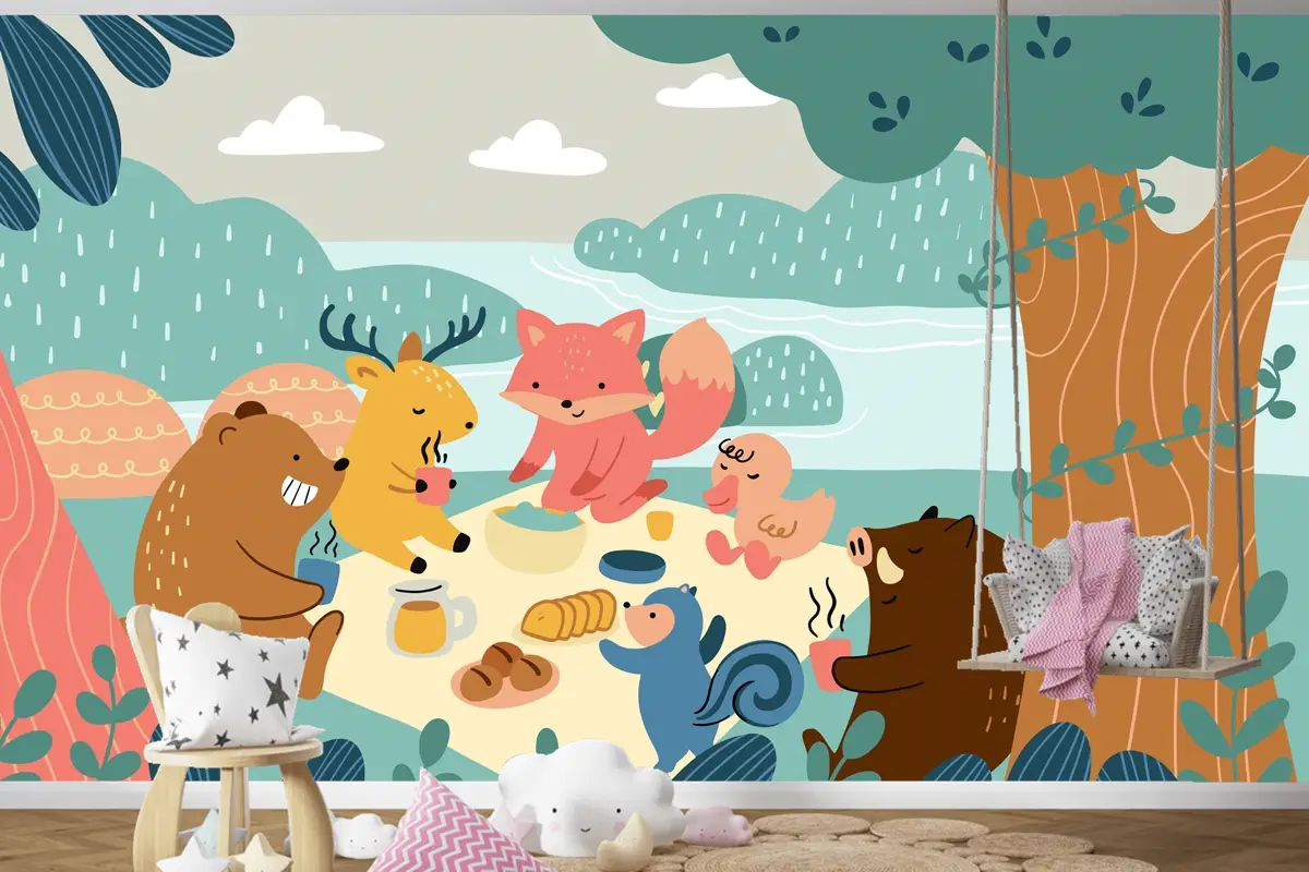 Düz Dünya Hayvan Günü Çocuk Odası Duvar Kağıdı 