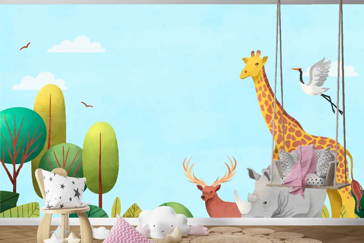 Suluboya Dünya Hayvan Günü Arka Plan Çocuk Odası Duvar Kağıdı 