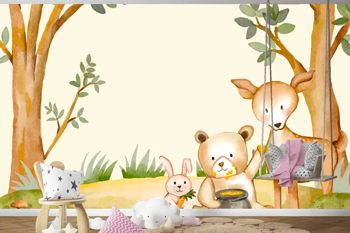 Suluboya Orman Hayvanları Arka Plan Çocuk Odası Duvar Kağıdı 