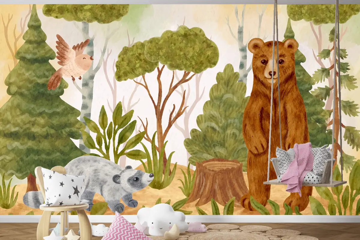 Suluboya Orman Hayvanları Arka Plan Çocuk Odası Duvar Kağıdı 