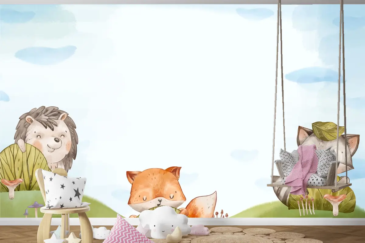 Suluboya Orman Hayvanları Arka Plan Çocuk Odası Duvar Kağıdı 