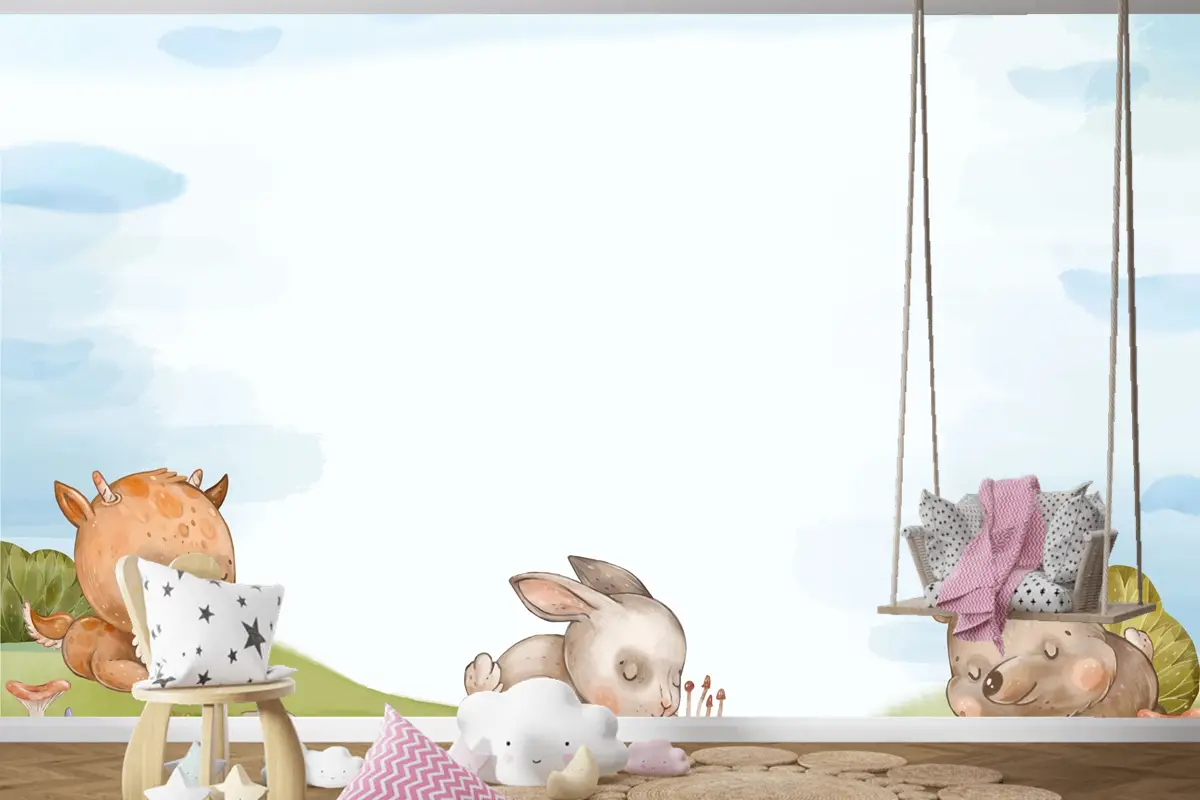 Suluboya Orman Hayvanları Arka Plan Çocuk Odası Duvar Kağıdı 