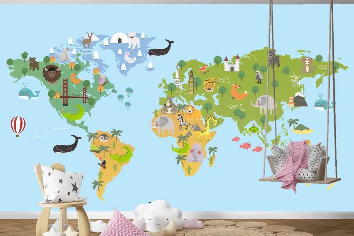 Hayvan Dünya Haritası Çocuk Odası Duvar Kağıdı