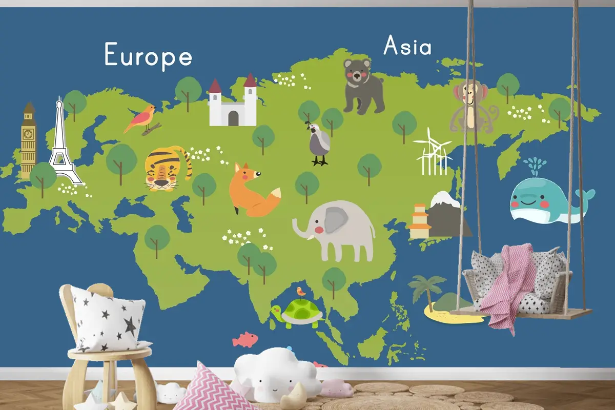 Yaban Hayatı Habitatlarının Çizim Stili Seti Çocuk Odası Duvar Kağıdı