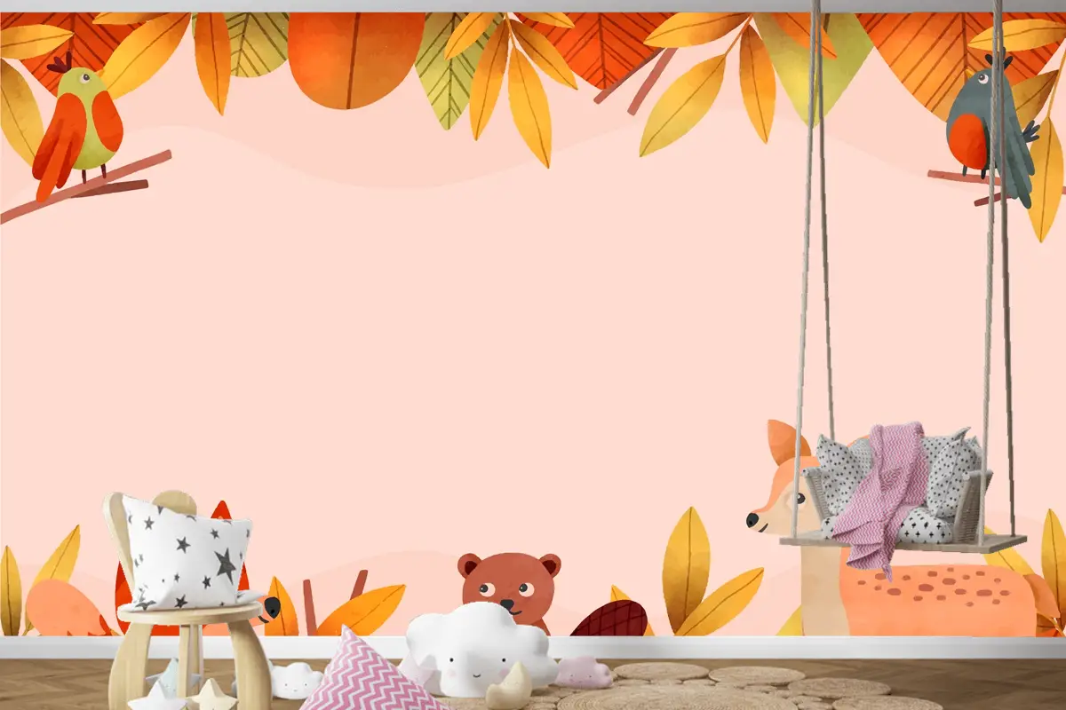 Suluboya Orman Hayvanı Ve Yaprakları Çocuk Odası Duvar Kağıdı 