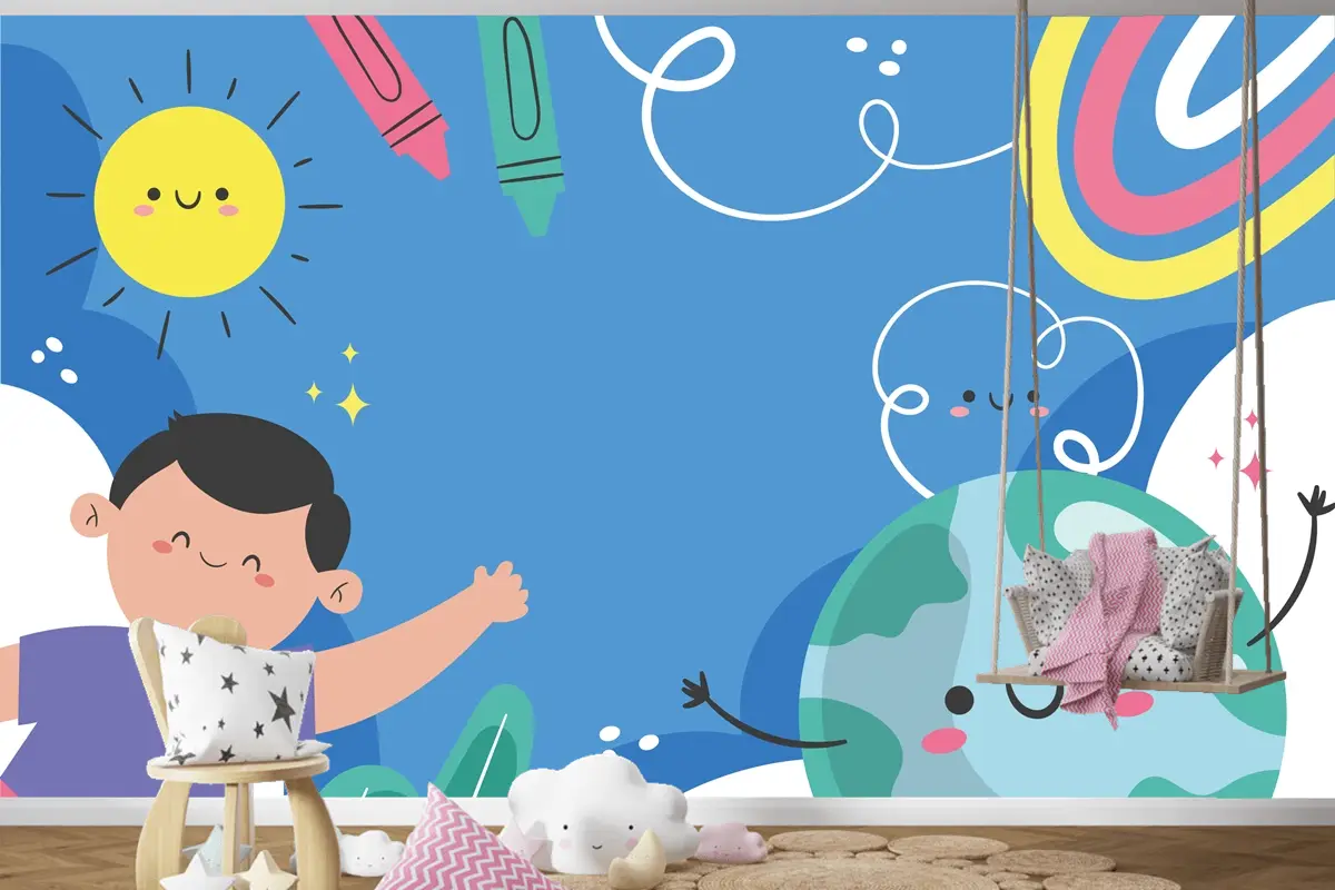 Düz Dünya Çocuk Günü Arka Plan Çocuk Odası Duvar Kağıdı 
