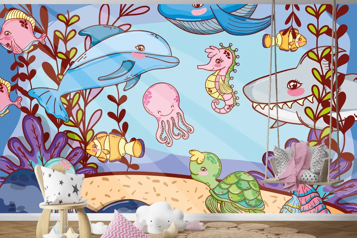 Sudaki Deniz Yaşamı Çocuk Odası Duvar Kağıdı 