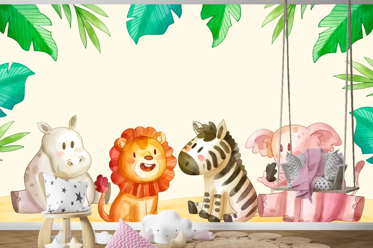 Suluboya Safari Arka Plan Çocuk Odası Duvar Kağıdı 