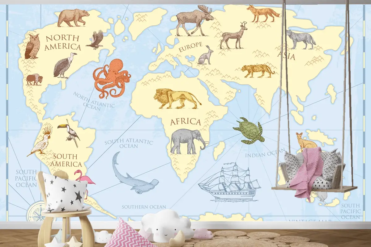 Vahşi Hayvanlarla Vintage Dünya Haritası Çocuk Odası Duvar Kağıdı