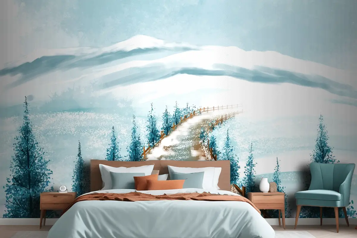 Karlı Noel Ağacı Kartı Yatak Odası Duvar Kağıdı Ile Kış Manzarası