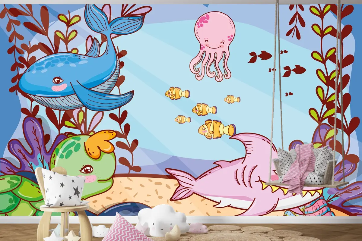 Deniz Yosunu Bitkileri Ile Sevimli Deniz Hayvanları Çocuk Odası Duvar Kağıdı