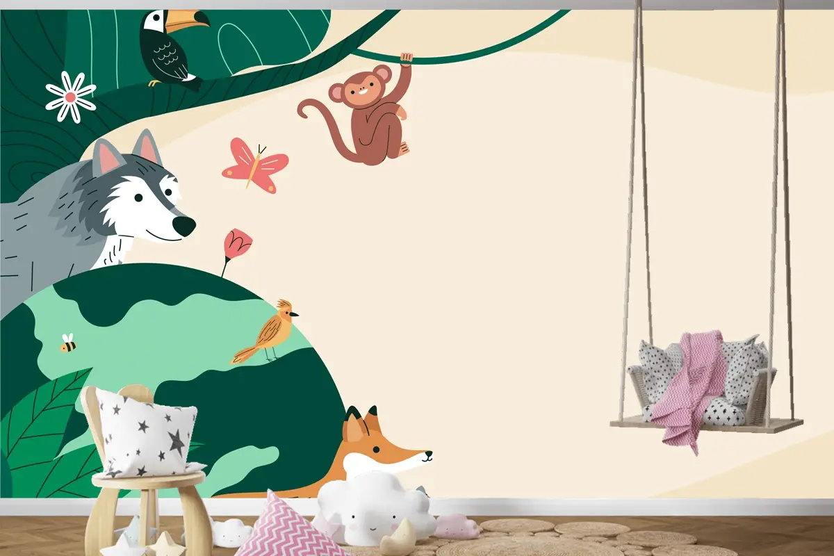 Flora Ve Fauna Çocuk Odası Duvar Kağıdı  Ile Dünya Yaban Hayatı Günü İçin Düz Arka Plan