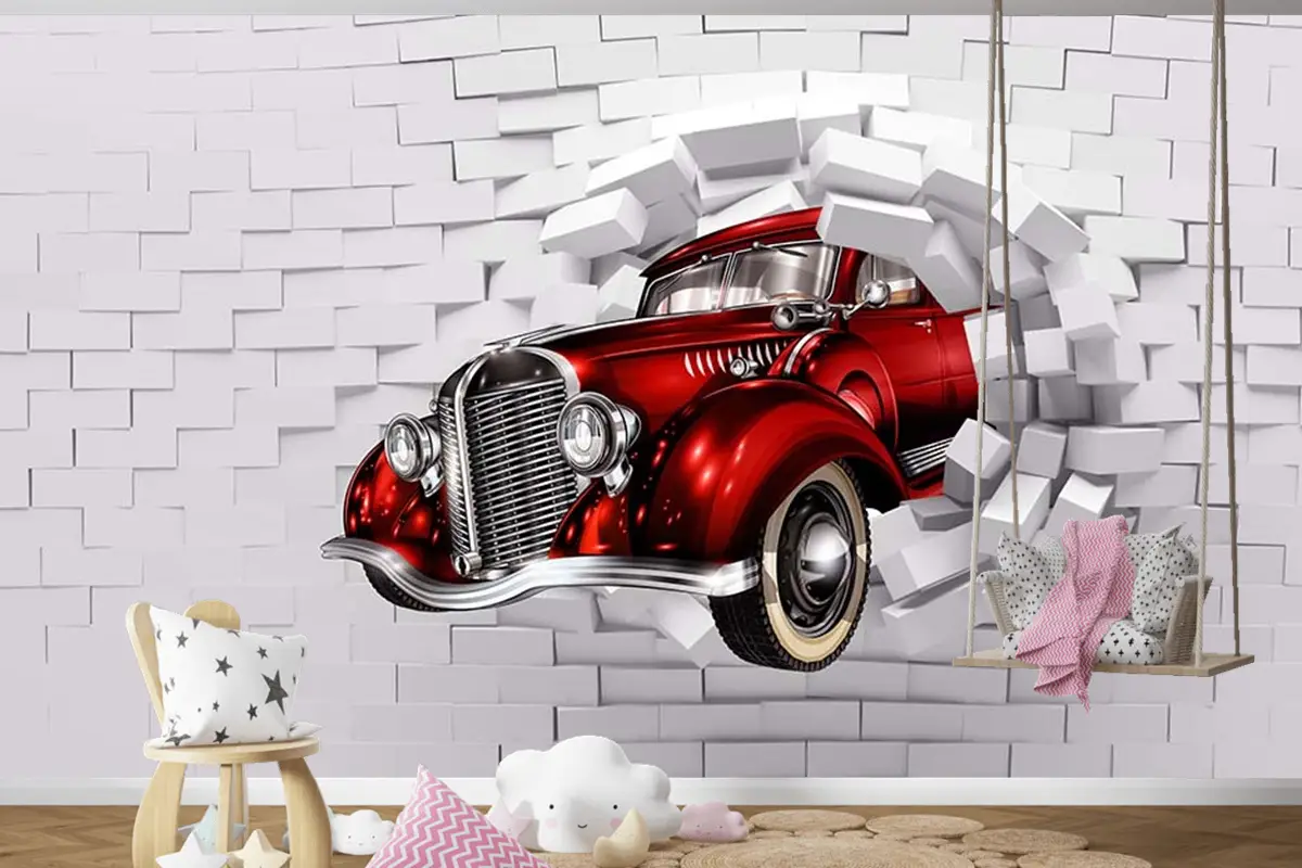 3D Boyutlu Duvardan Çıkan Kırmızı Araba Çocuk Odası Duvar Kağıdı