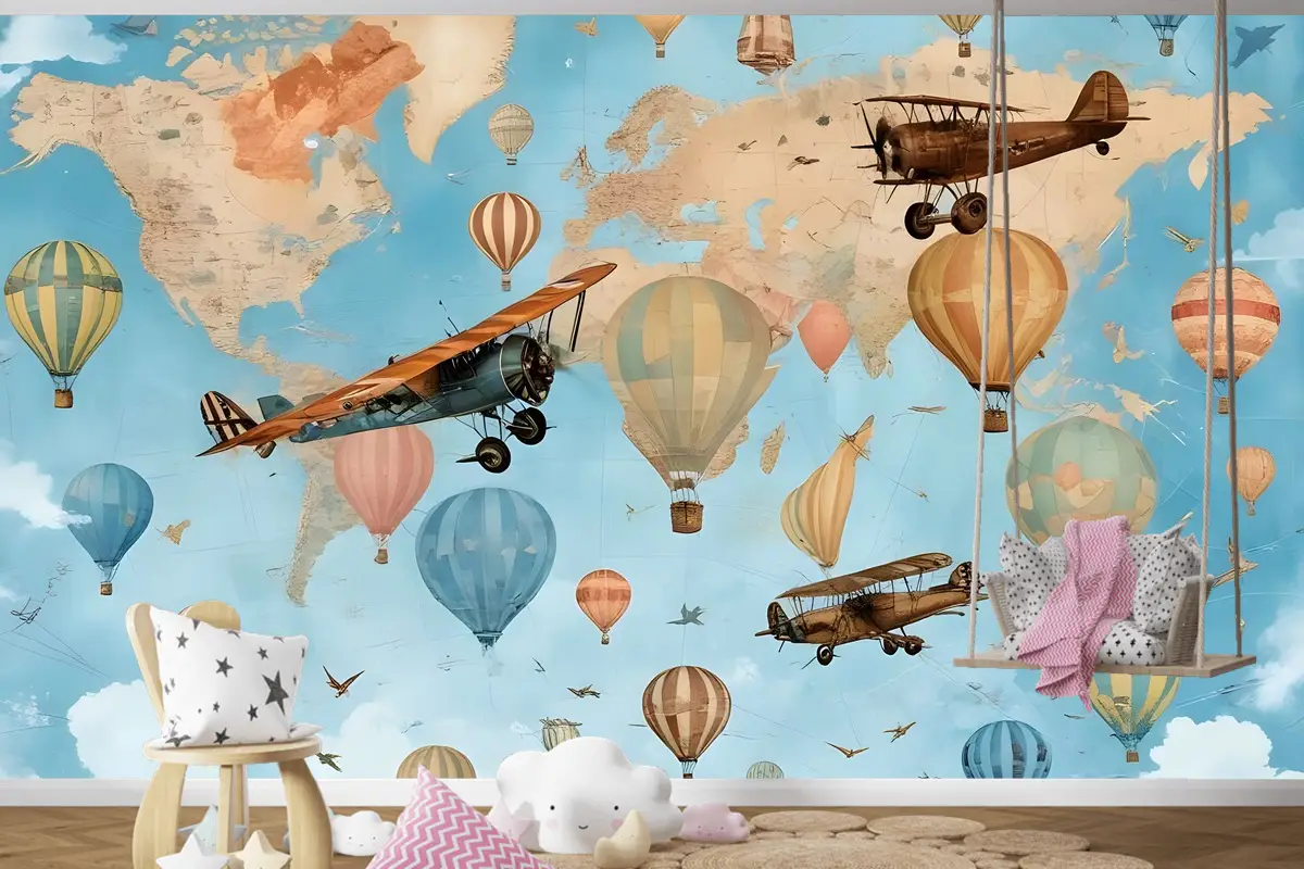 Sıcak Hava Balonu Çocuk Odası Duvar Kağıdı  Ile 3D Görünümlü Çocuk Dünya Haritası