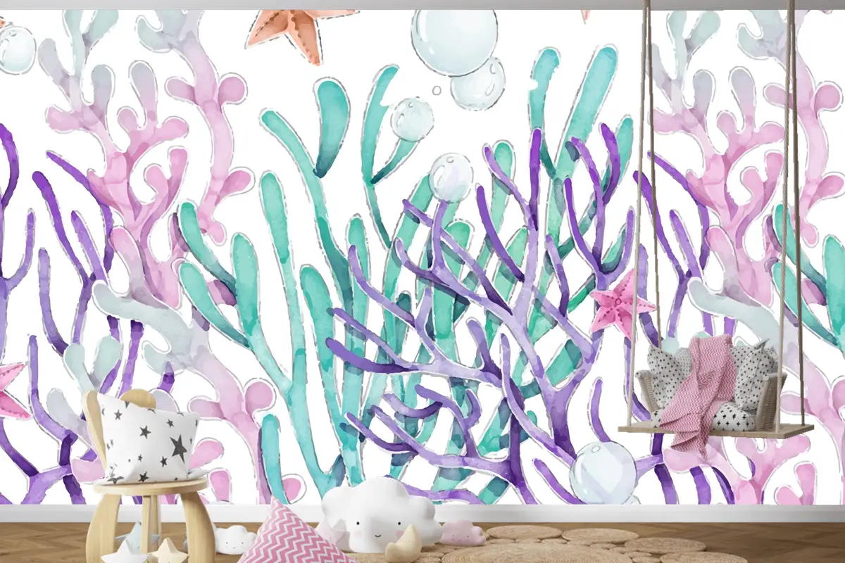 Suluboya Renkli Mercan Arka Plan Çocuk Odası Duvar Kağıdı 