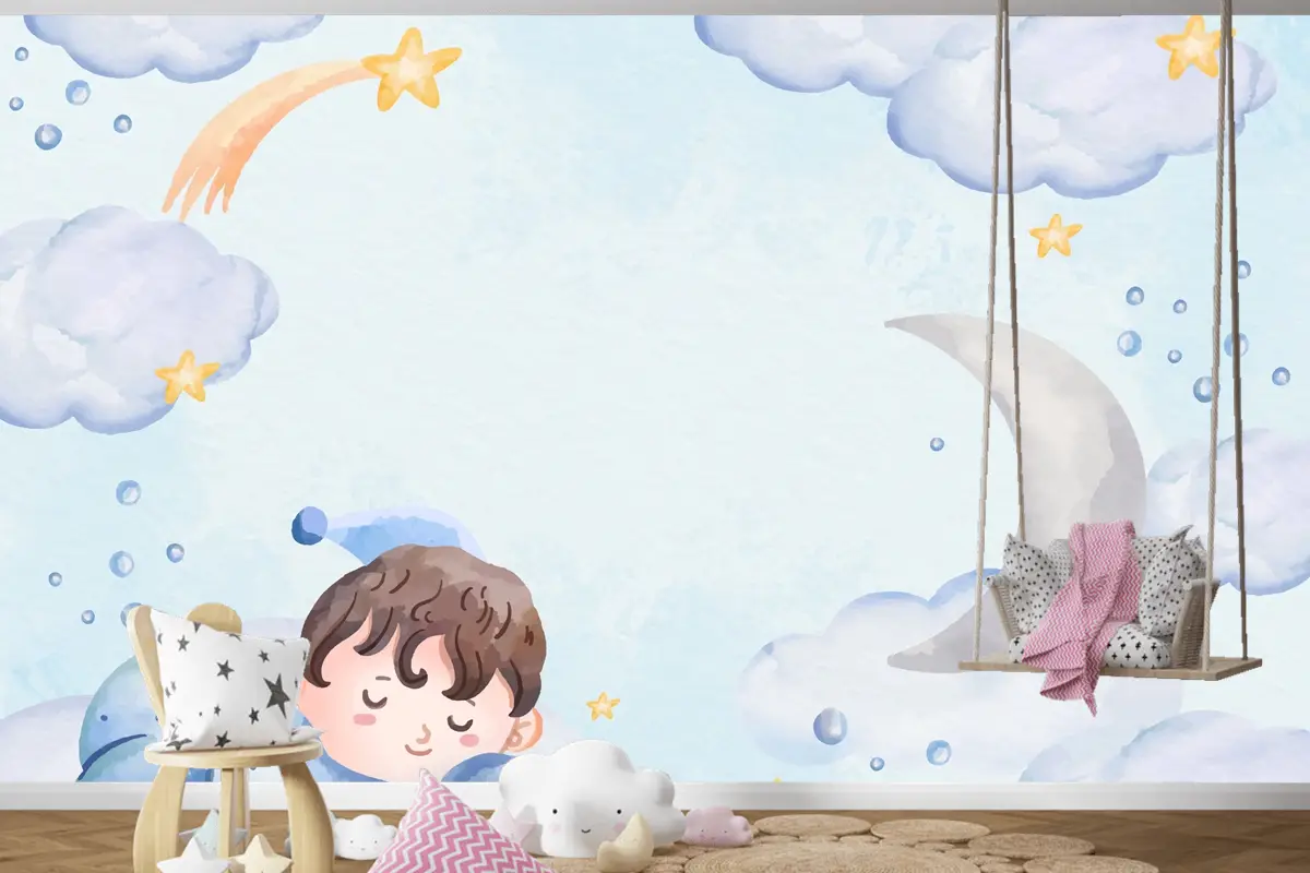 Suluboya Erkek Bebek Arka Plan Çocuk Odası Duvar Kağıdı 