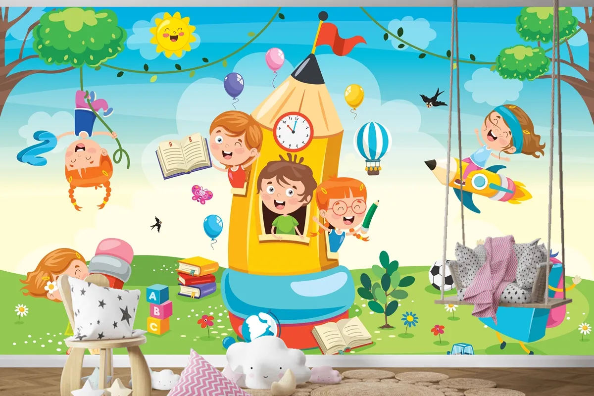 Kalem Evinde Oynayan Sevimli Çocuklar Çocuk Odası Duvar Kağıdı