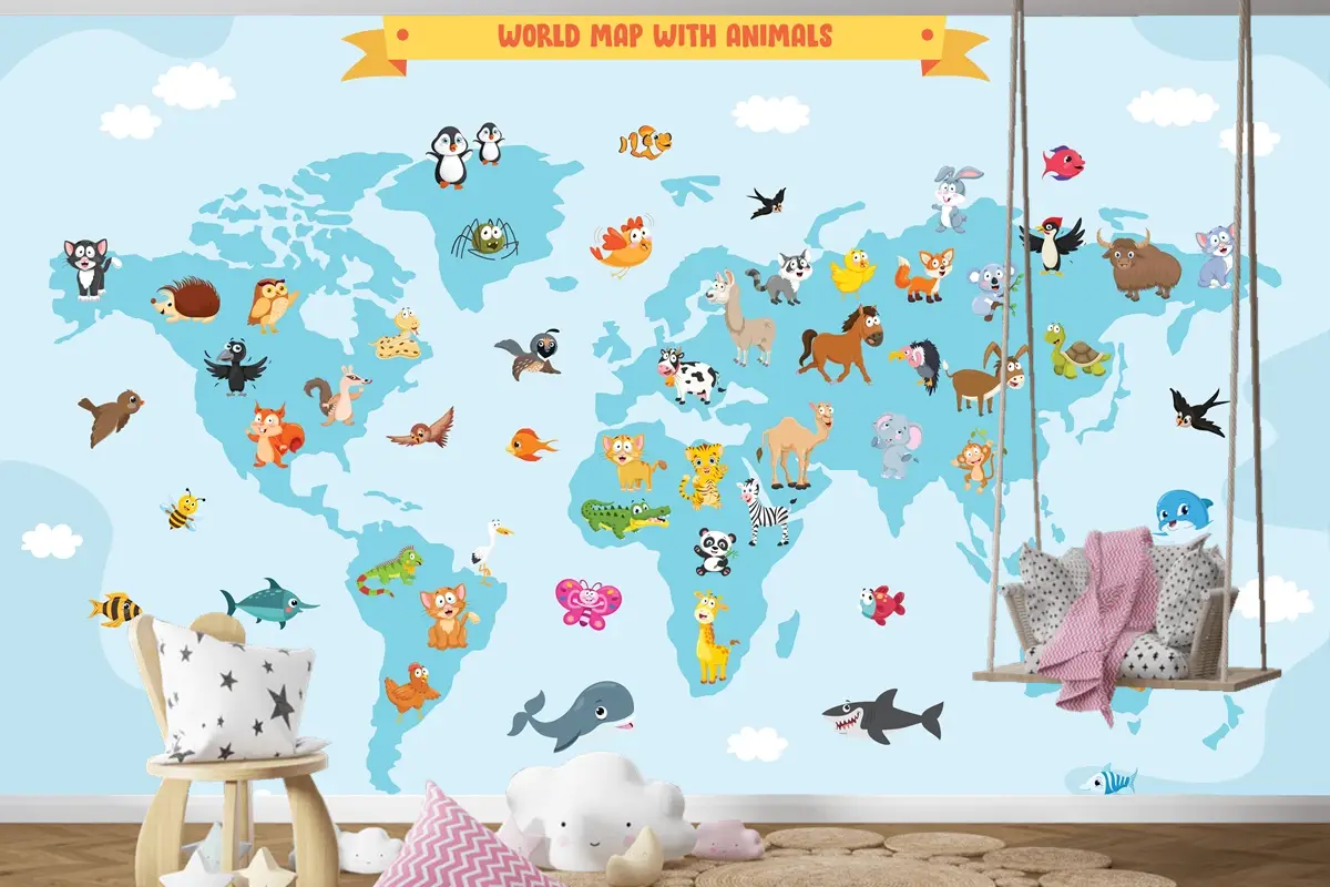 Karikatür Hayvanlı Dünya Haritası Çocuk Odası Duvar Kağıdı