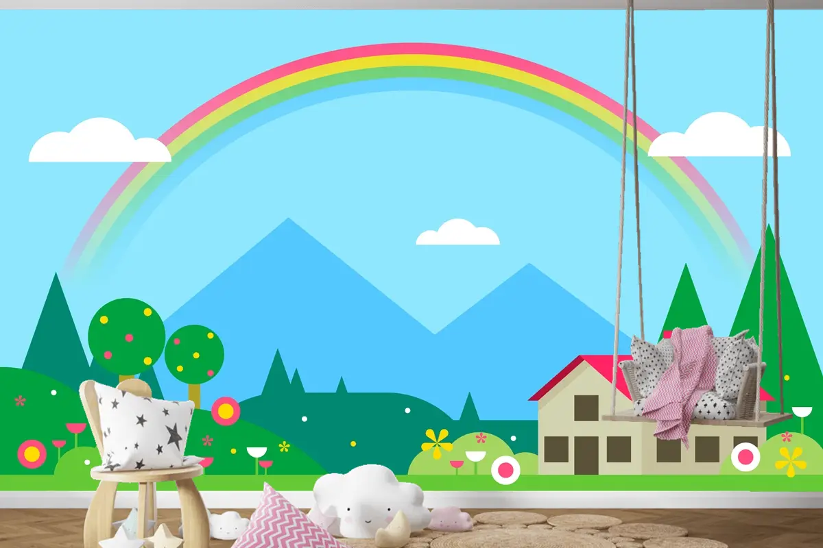 Ev Ve Gökkuşağı Çocuk Odası Duvar Kağıdı  Ile Bahar Manzarası