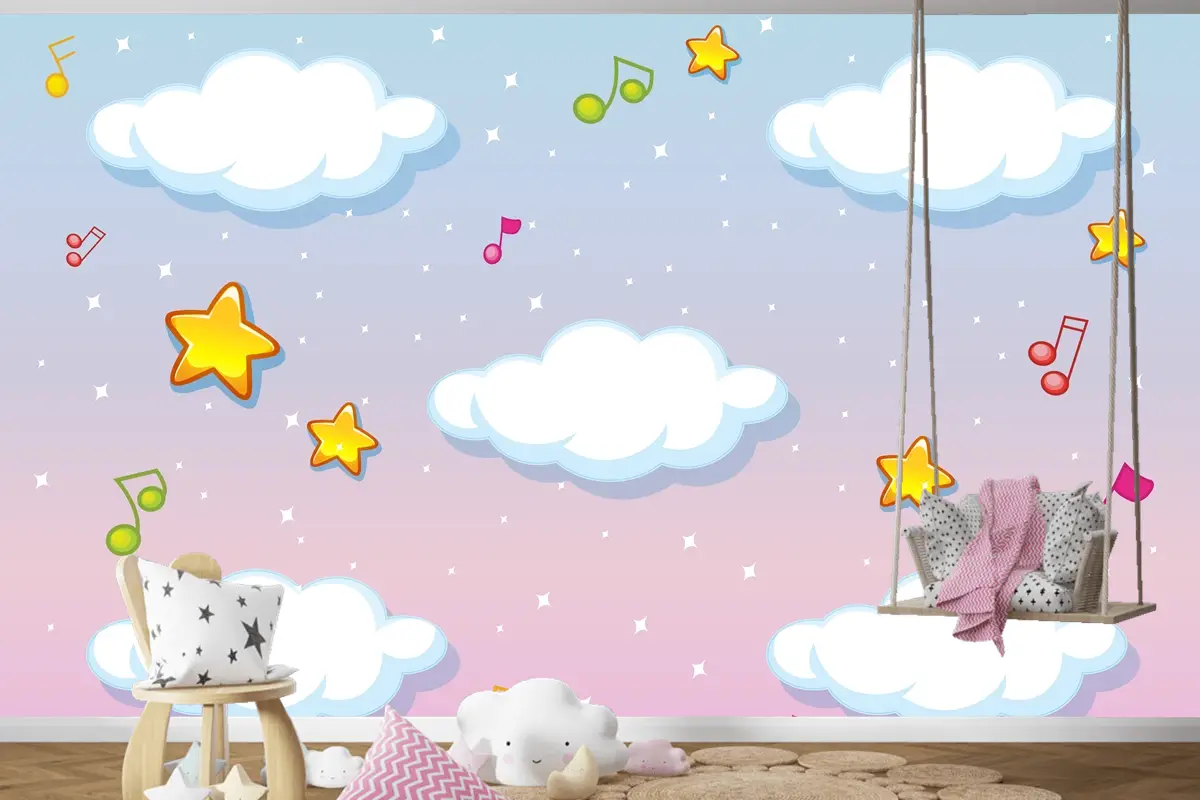 Melodi Temalı Çocuk Odası Duvar Kağıdı  Ile Pastel Gökyüzü Arka Planında Boş Bulutlar
