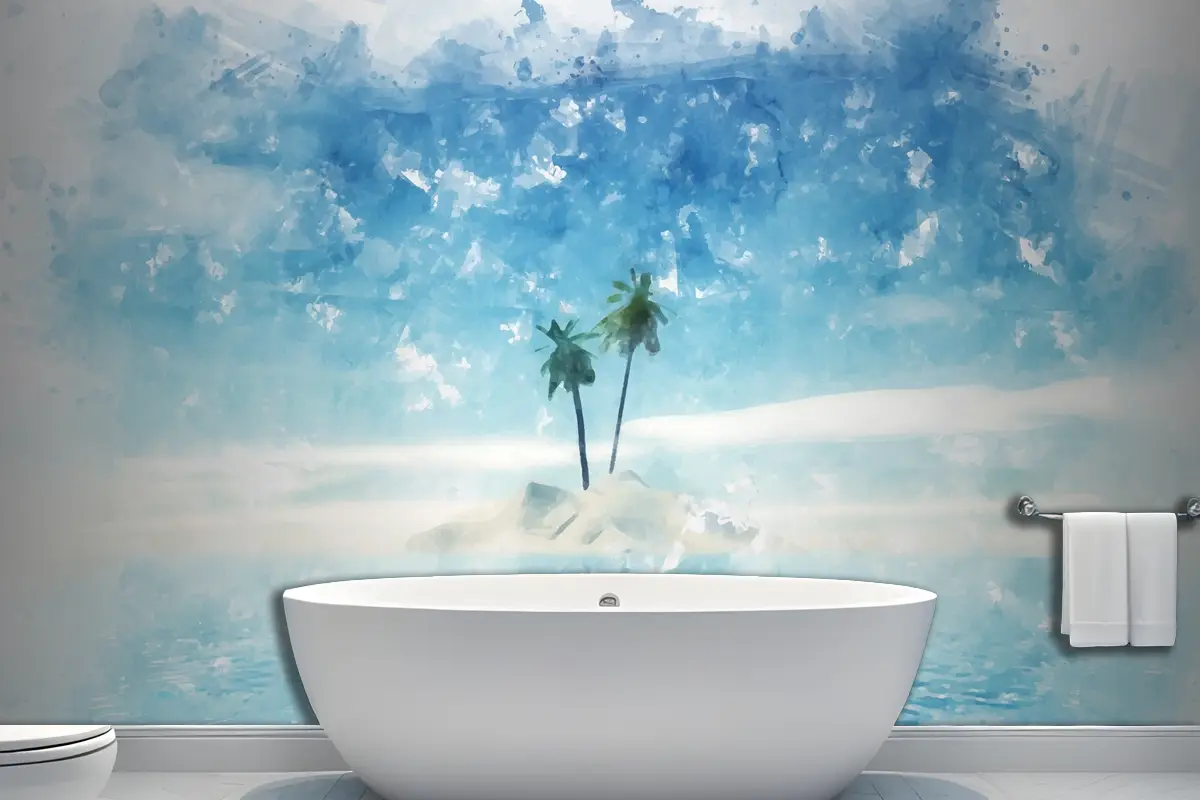 El Boyalı Suluboya Yaz Palmiye Ağacı Adası Banyo Duvar Kağıdı