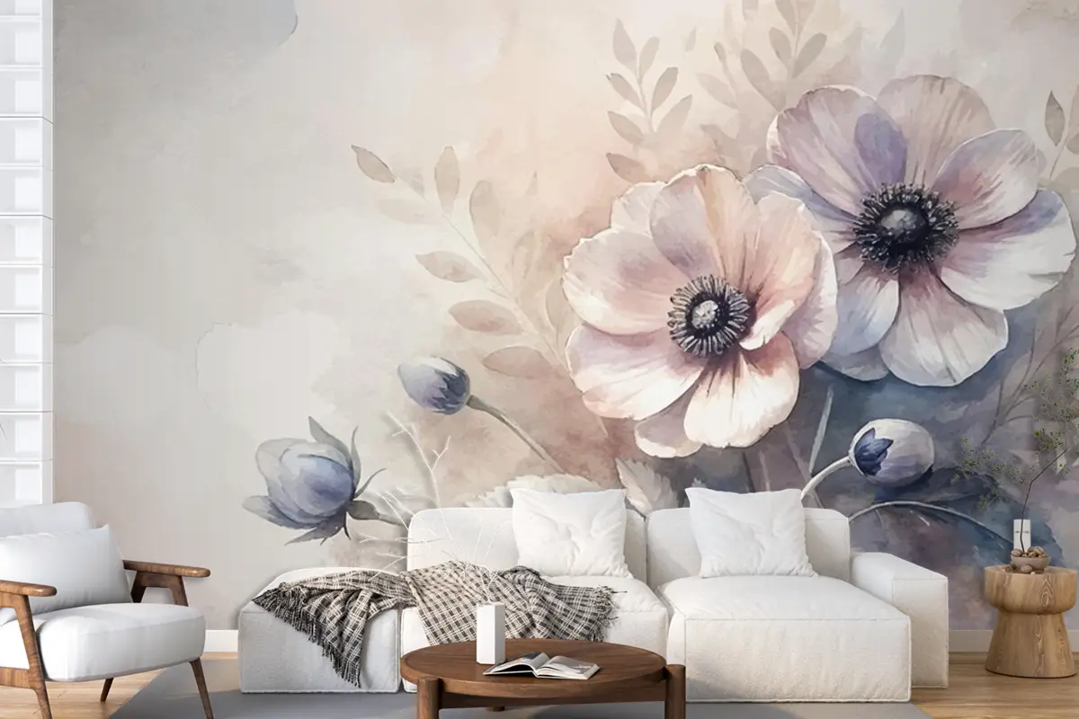 Vintage Anemon Çiçek Suluboya Arka Plan Oturma Odası Duvar Kağıdı 