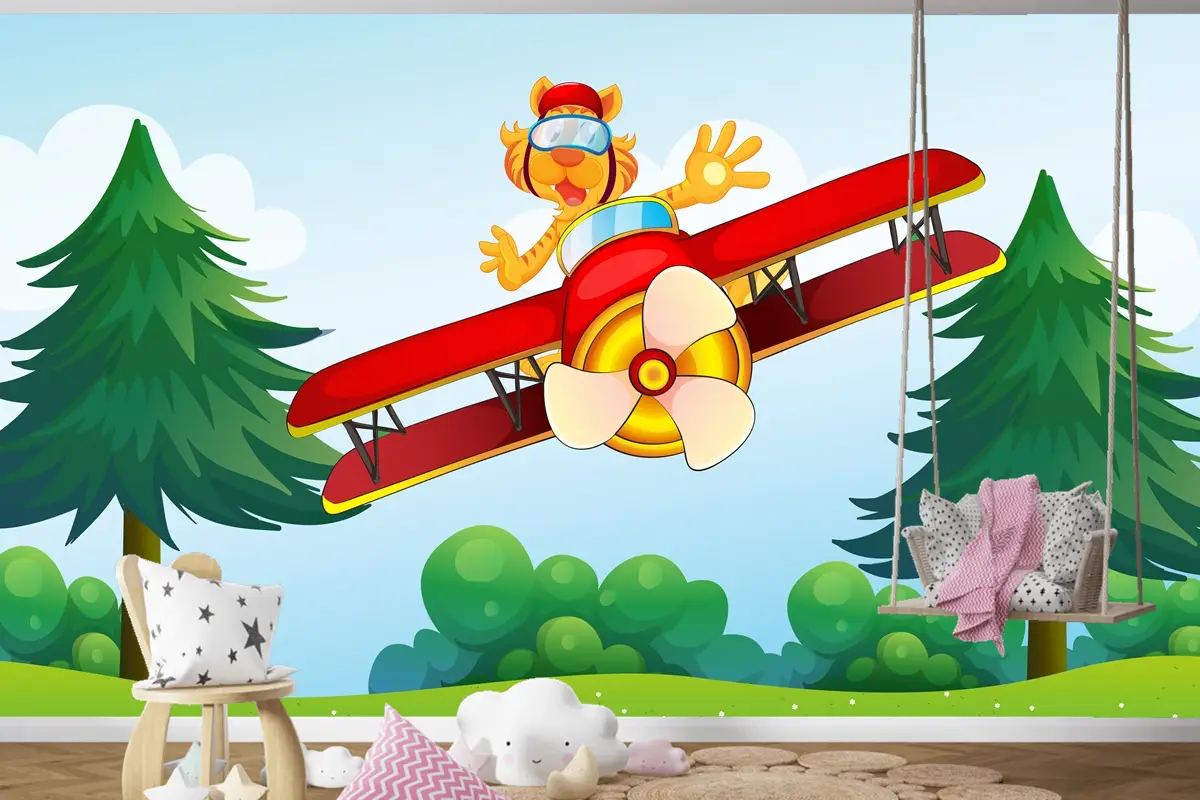 Uçağa Binen Övünen Kaplan Çocuk Odası Duvar Kağıdı