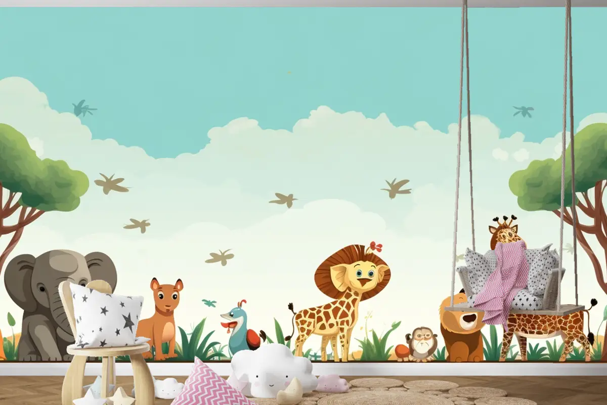 Hayvanların Bulunduğu Bir Tarlada Zürafalar Ve Zürafaların Karikatürü Çocuk Odası Duvar Kağıdı