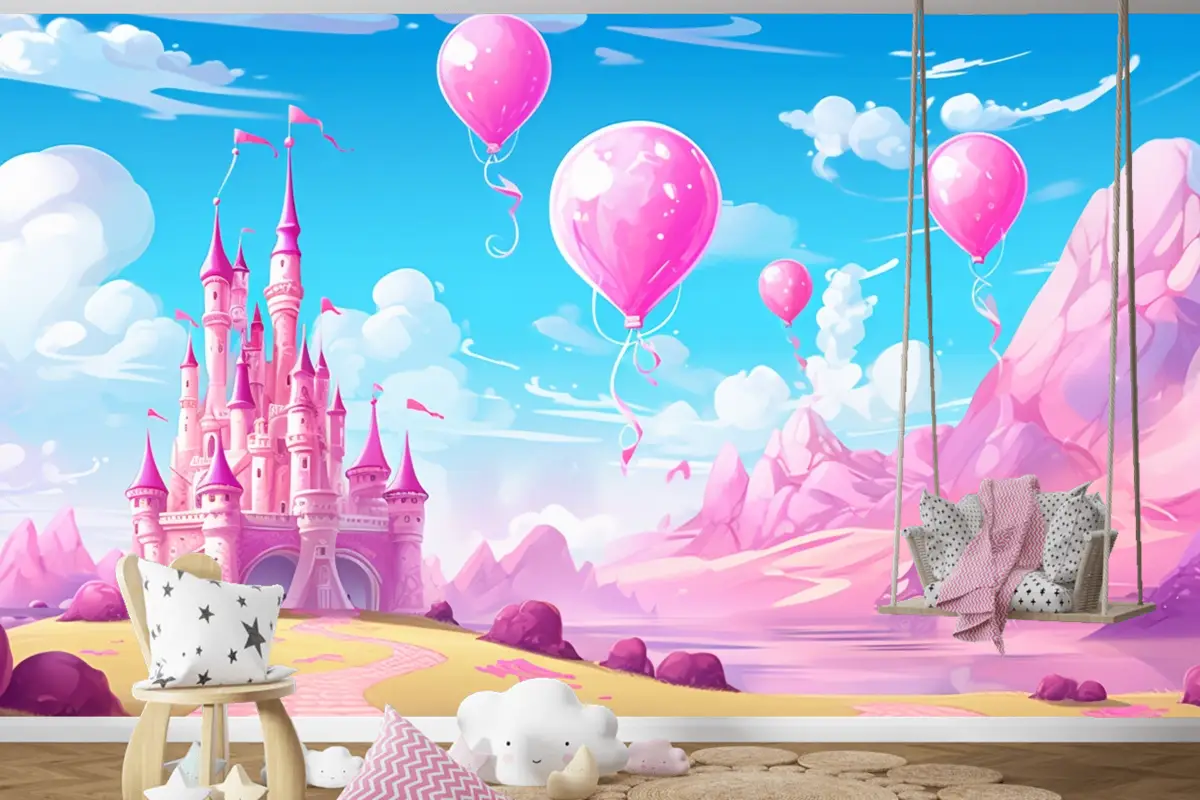 Balonlu Kale Ve Arka Planda Kale Çocuk Odası Duvar Kağıdı