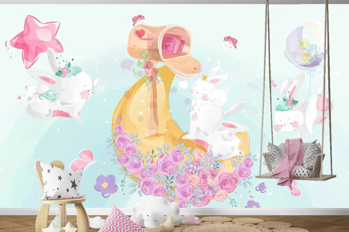 Renkli Suluboya Tarzında Sevimli Küçük Tavşan Çocuk Odası Duvar Kağıdı