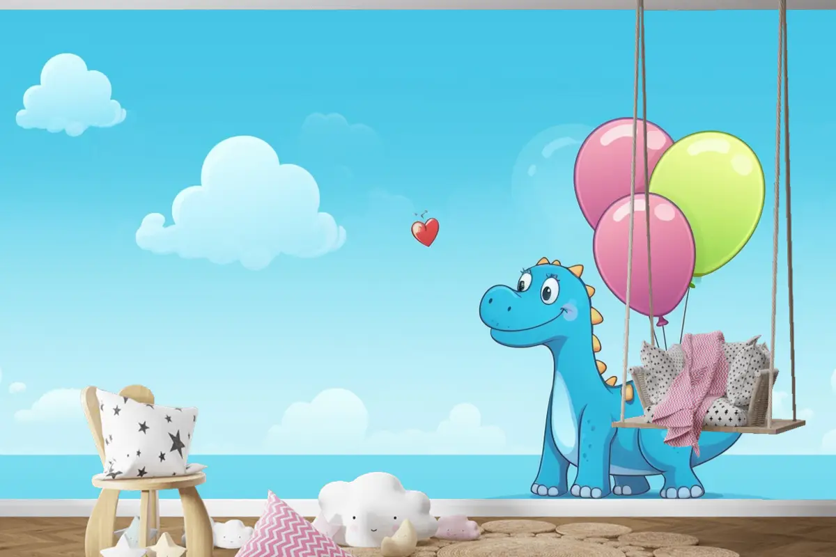 Gökyüzünde Balonları Olan Bir Ejderha Ve Çocuk Odası Duvar Kağıdı Nde Bir Kalp