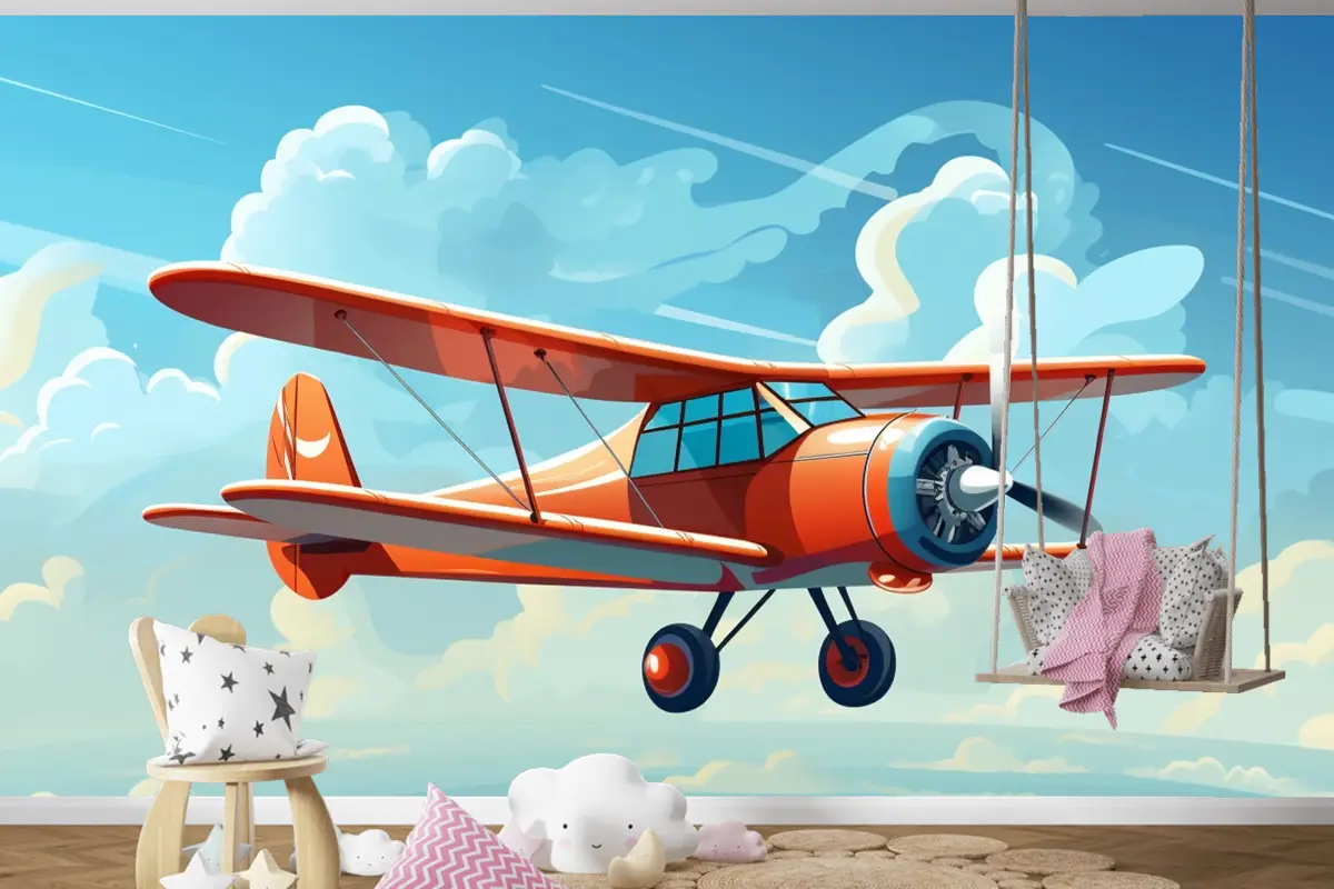 Önünde Pervaneden Alıntı Sözlerinin Bulunduğu Kırmızı Bir Uçağın Çizimi Çocuk Odası Duvar Kağıdı