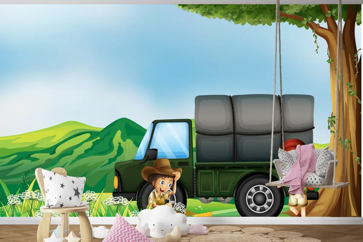 Yeşil Kamyonun Yanında Bir Kız Ve Bir Erkek Çocuk Odası Duvar Kağıdı