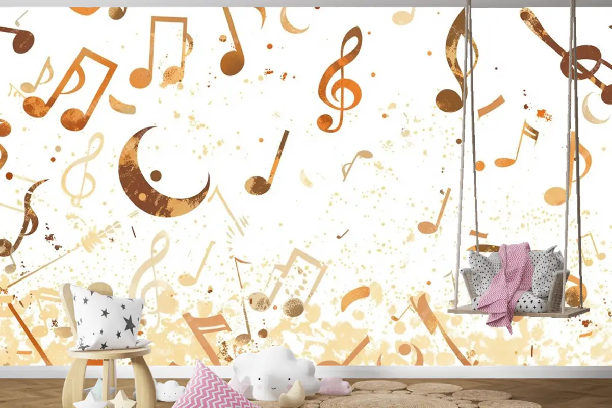 Havada Uçan Bir Grup Müzik Notası Çocuk Odası Duvar Kağıdı