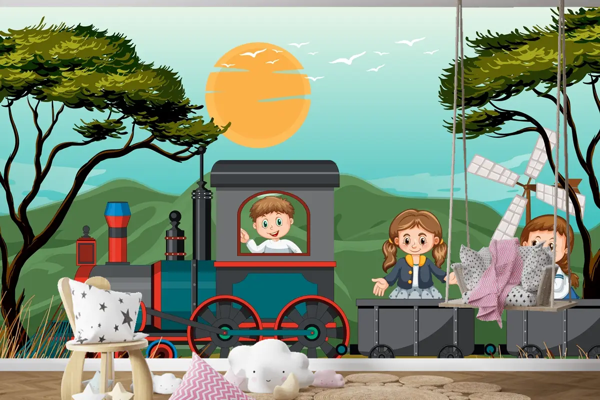 Doğal Sahneli Trende Bir Çocuk Bebek Odası Duvar Kağıdı