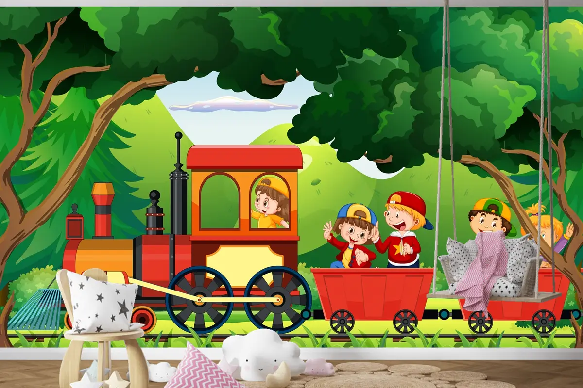 Doğal Sahneli Trendeki Çocuklar Çocuk Odası Duvar Kağıdı