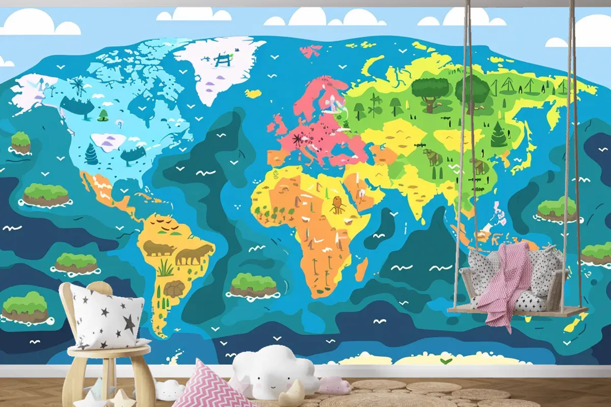 Üzerinde "Dünyadan Alıntı" Sözlerinin Bulunduğu Dünya Haritası Çocuk Odası Duvar Kağıdı