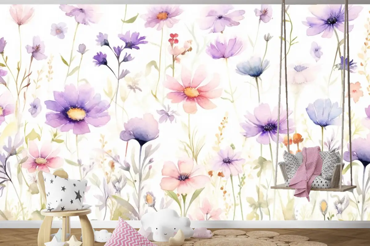 Beyaz Zemin Üzerine Bir Demet Çiçek Tablosu Çocuk Odası Duvar Kağıdı