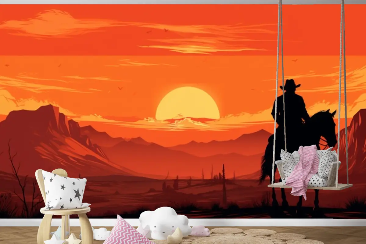 Gün Batımı Önünde Ata Binen Bir Kovboy Tablosu Çocuk Odası Duvar Kağıdı
