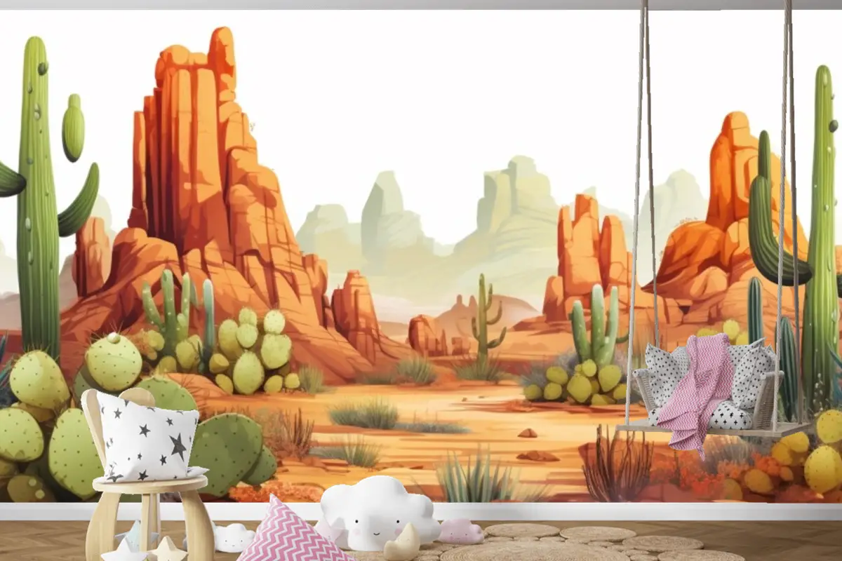 Kaktüs Ve Çöl Manzarası Çocuk Odası Duvar Kağıdı  Ile Bir Çöl Manzarası Tablosu